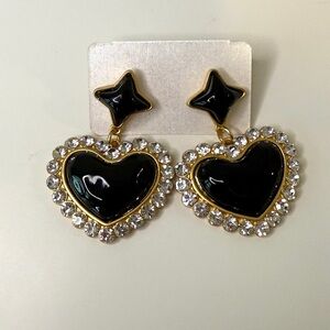 Black Heart Drop Earrings with Crystal Halo